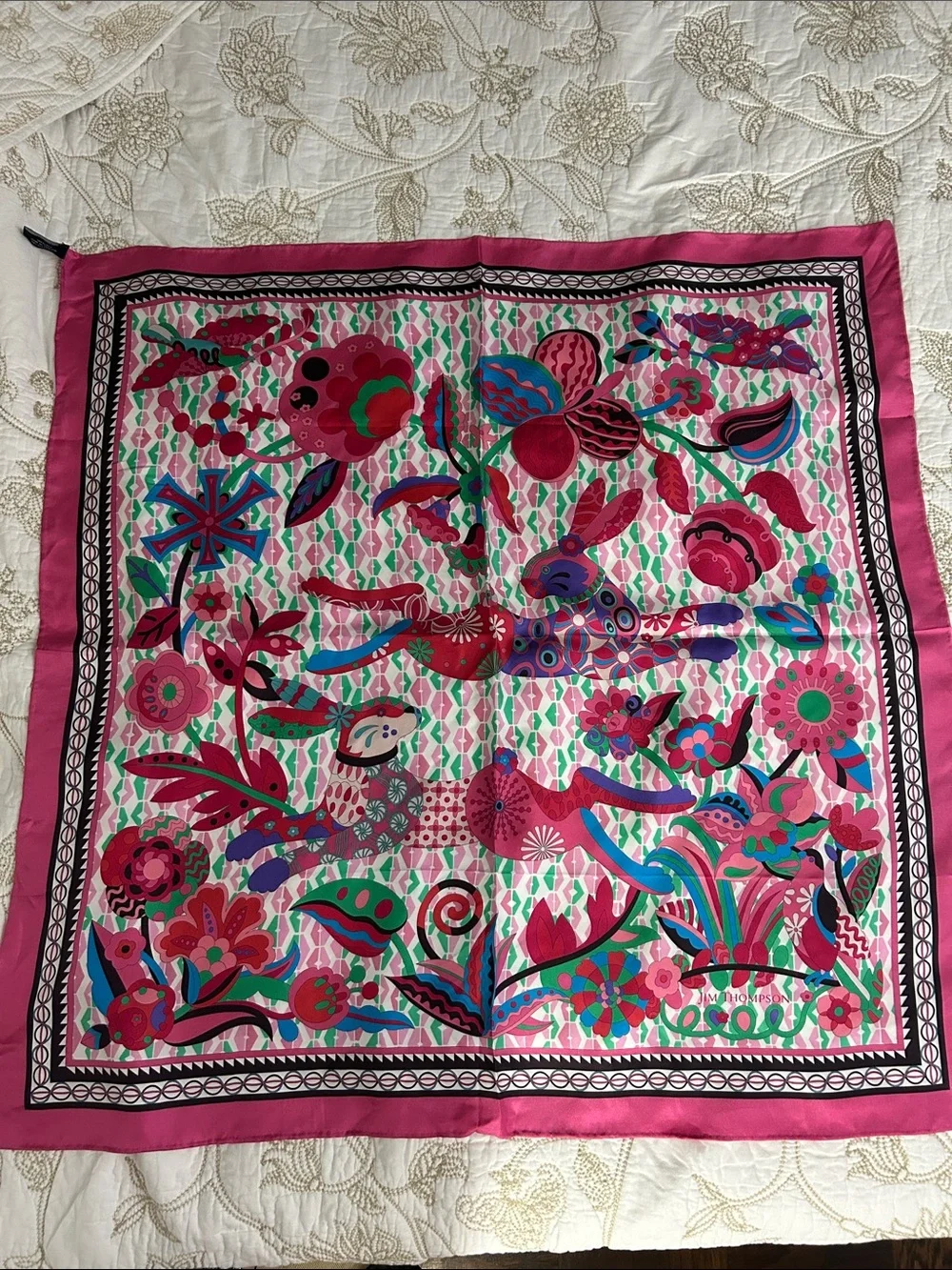 Vintage JimThompson Pink Silk Scarf Multicolor Botanical Square Scarf